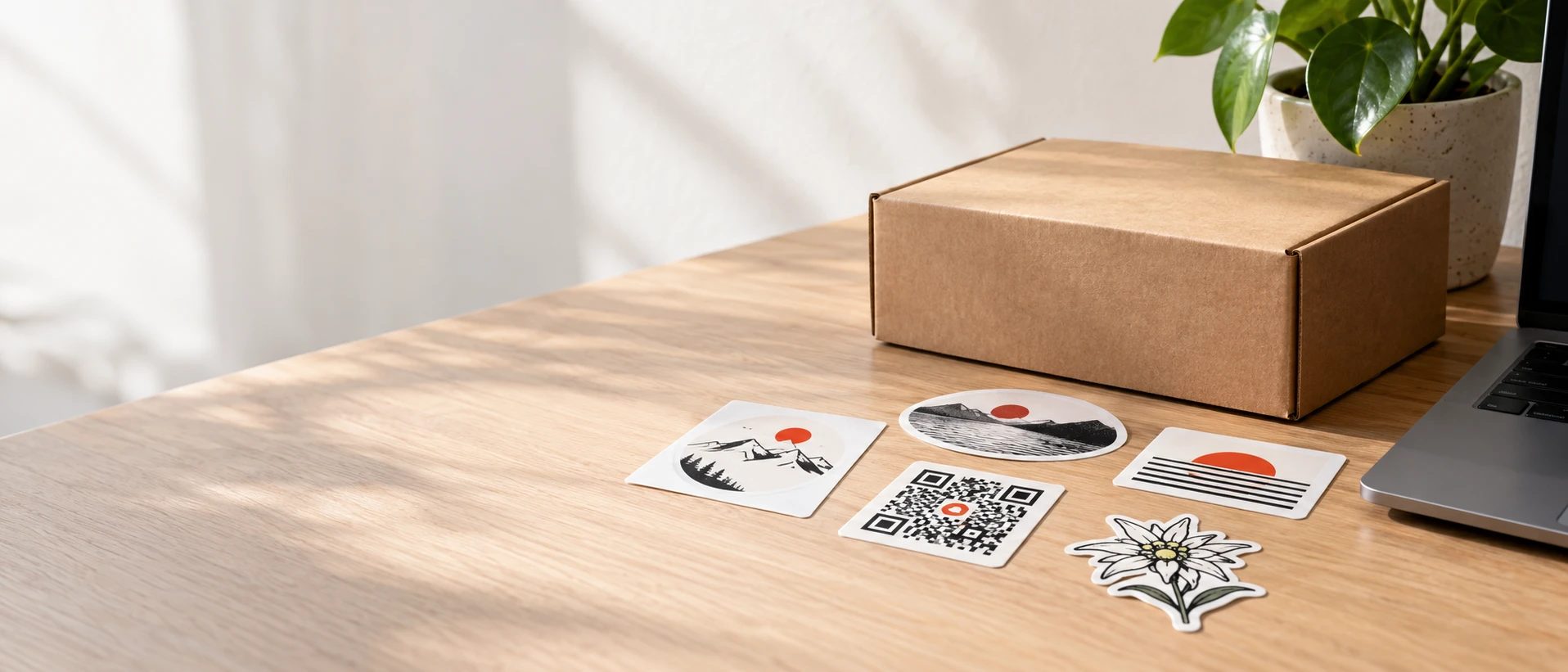 Sticker von Stickerland auf einem Holztisch: rund, quadratisch mit QR-Code, rechteckig und Edelweiss-Freiform neben einem Versandkarton